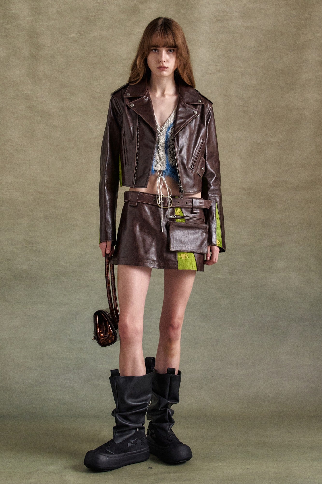 Andersson Bell - Paneled Crop Rider Jacket (Brown) product image 1 | TRAB K-Fashion Australia