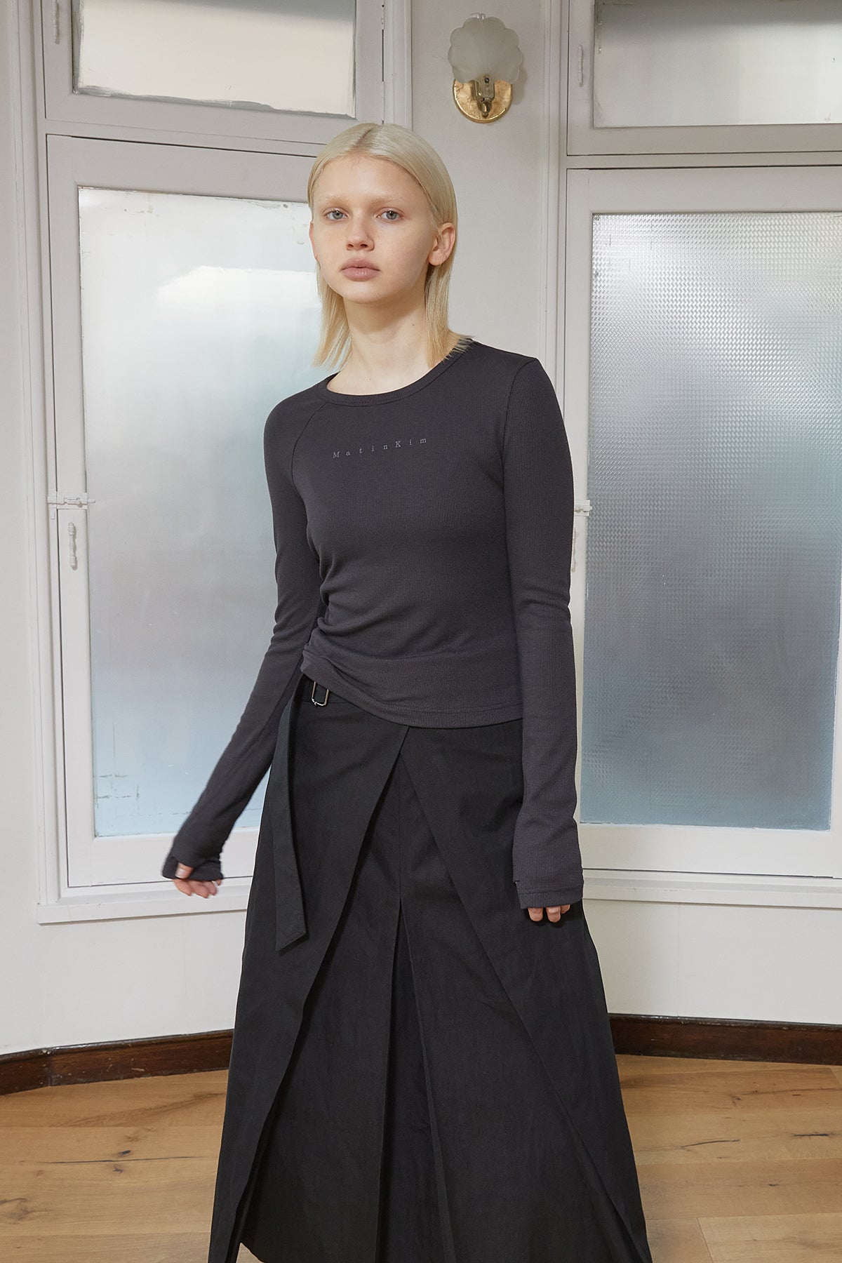 Matin Kim - Finger Hole Logo Printing Top (Charcoal) product image 8 | TRAB K-Fashion Australia