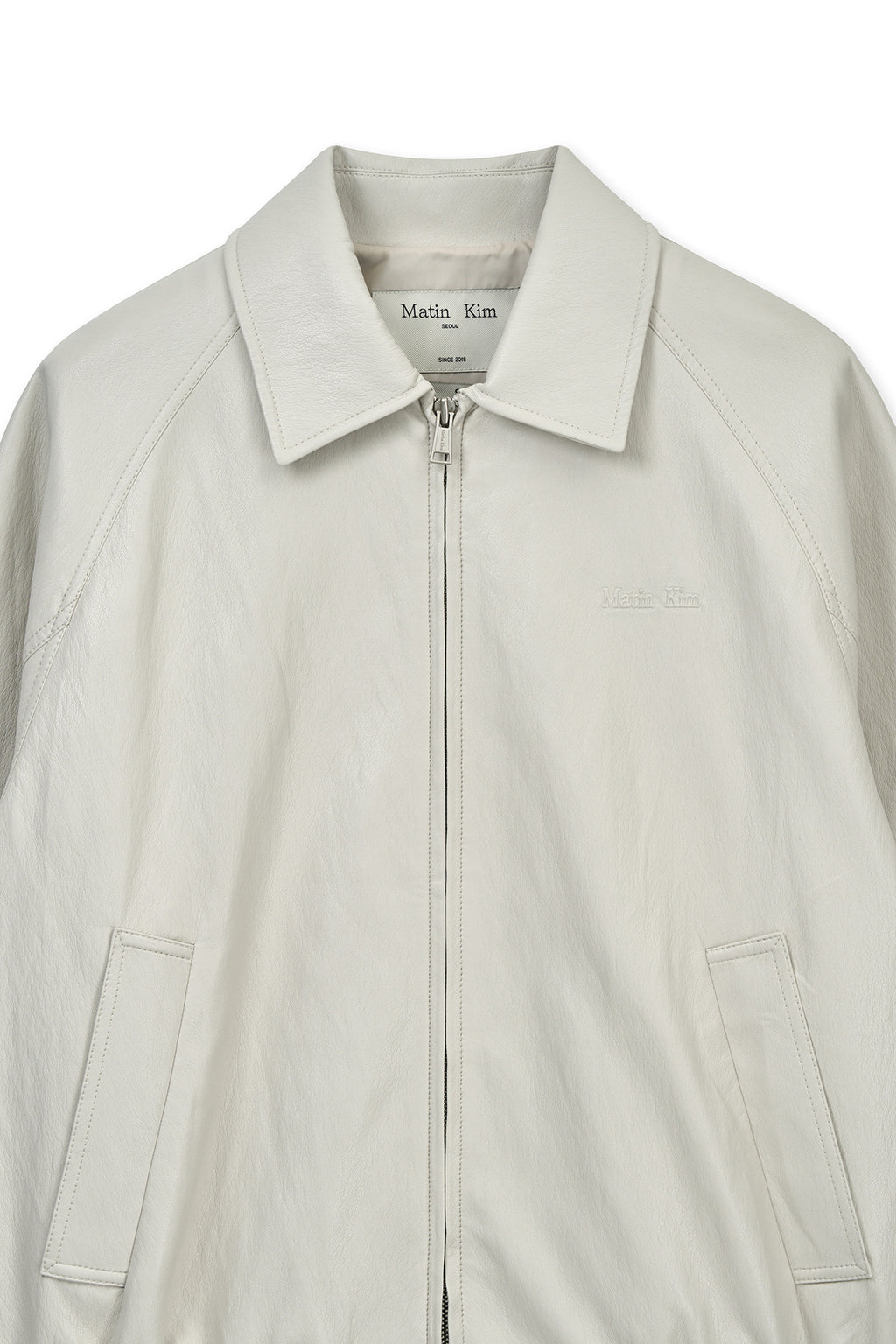 Matin Kim - Small Logo Faux Leather Zip Up Jumper (Light Grey) product image 3 | TRAB K-Fashion Australia