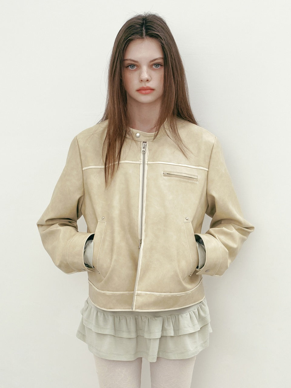 Margarin Fingers - Rivet Washed Fake Leather Jacket (Beige) product image 1 | TRAB K-Fashion Australia