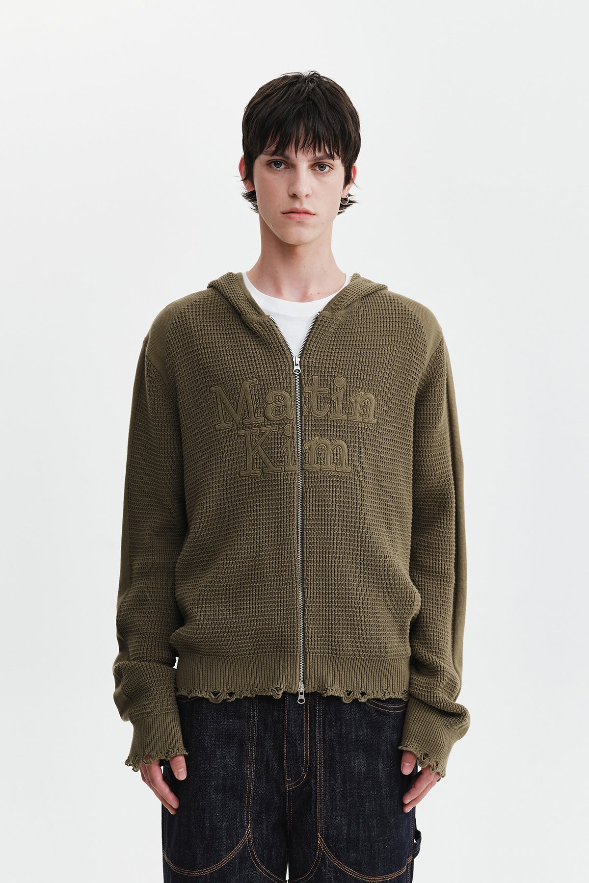 Matin Kim - Waffle Texture Hoody Knit Zip Up (Khaki) product image 11 | TRAB K-Fashion Australia