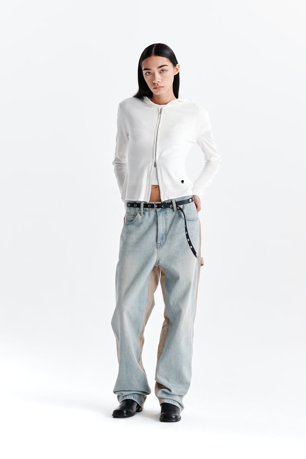 Matin Kim - Sleeve Hole Point Hoody Knit Zip Up (White) product image 8 | TRAB K-Fashion Australia