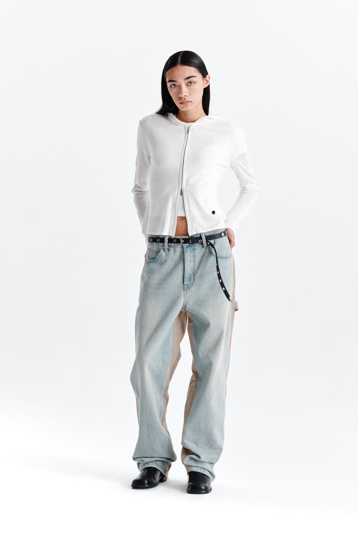 Matin Kim - Sleeve Hole Point Hoody Knit Zip Up (White) product image 8 | TRAB K-Fashion Australia