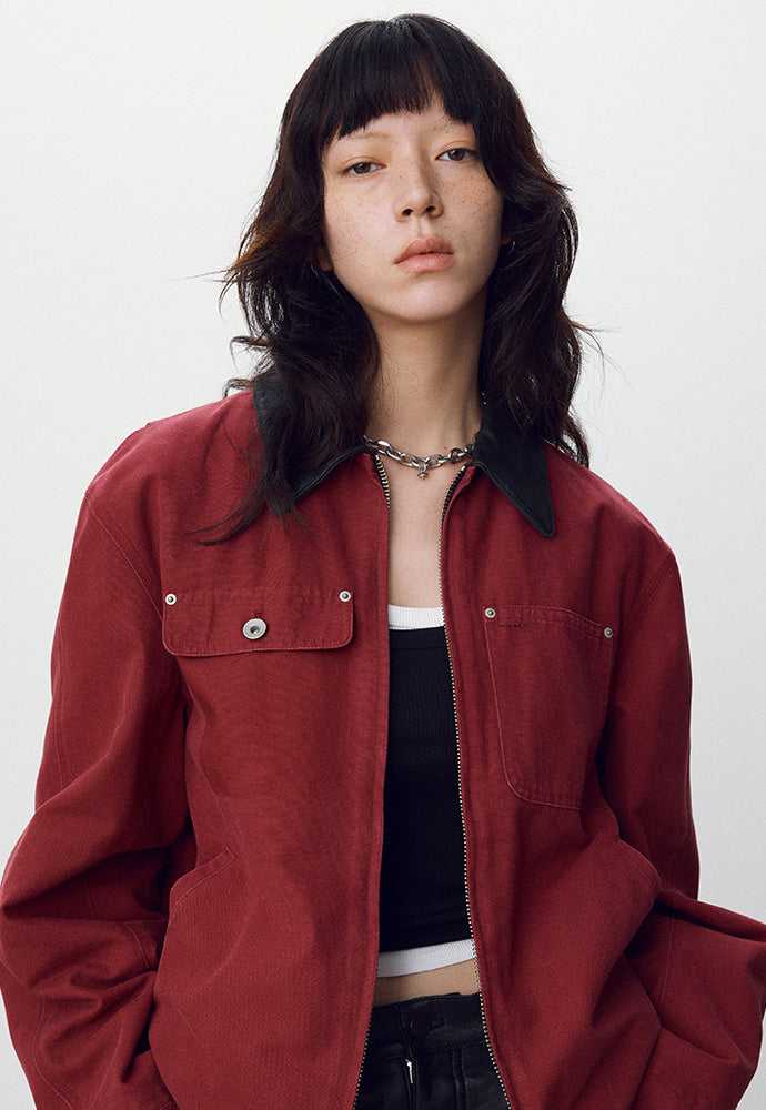 Tonywack - Leather Collar Garment-Washed Rivet Work Jacket (Red) product image 4 | TRAB K-Fashion Australia