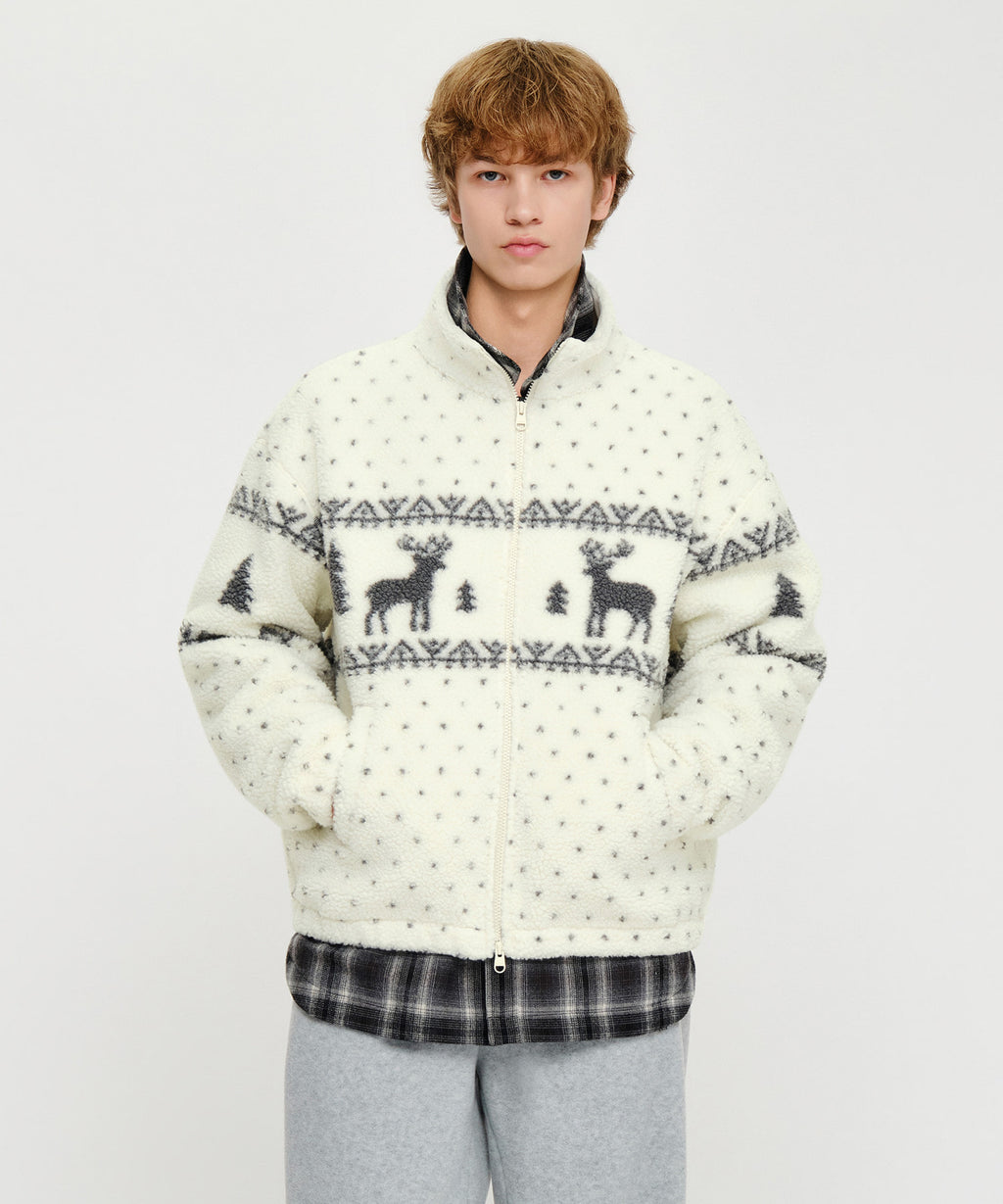 Marithe & Francois Girbaud - High Neck Pattern Fleece Jacket (Ivory) product image 1 | TRAB K-Fashion Australia