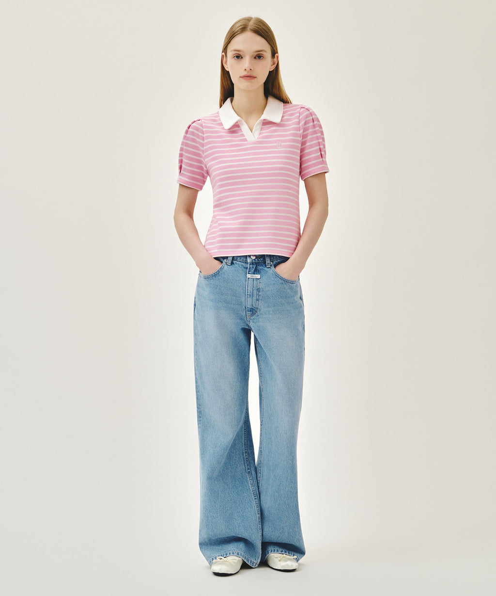 Marithe & Francois Girbaud - Collar Stripe Half Sleeve Crop Sweatshirt (Pink) product image 5 | TRAB K-Fashion Australia