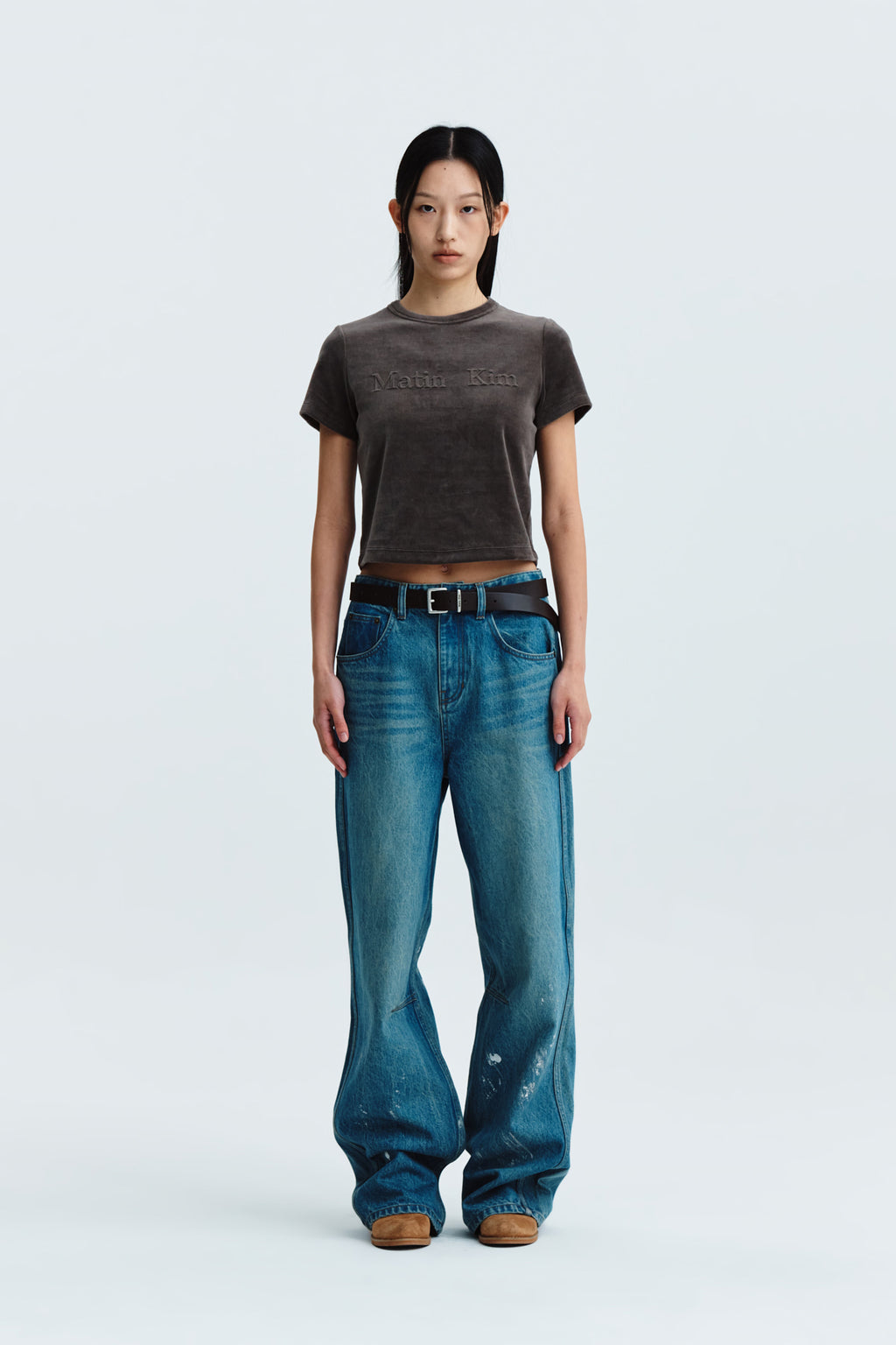 Matin Kim - Logo Emboss Velvet Crop Top (Khaki) product image 6 | TRAB K-Fashion Australia