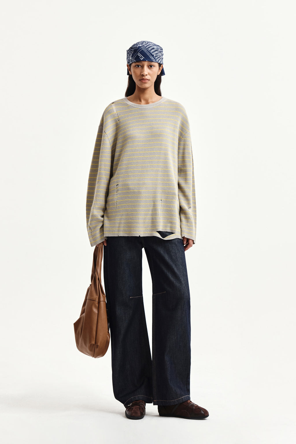 Matin Kim - Stripe Damaged Loose Pullover (Beige) product image 8 | TRAB K-Fashion Australia