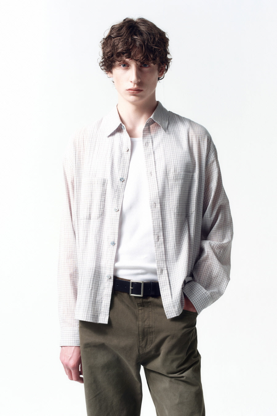 Insilence - Lightweight Crop Check Shirt (Light Grey) product image 2 | TRAB K-Fashion Australia