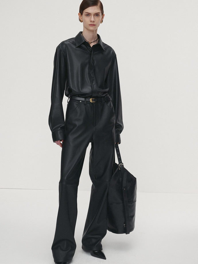 Tonywack - Faux Leather Hidden Button Shirt (Italian Fabric) (Black) product image 4 | TRAB K-Fashion Australia