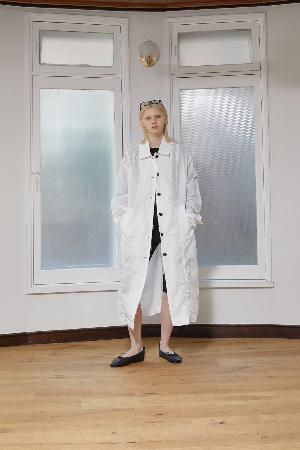 Matin Kim - Back Logo Point Nylon Long Coat (White) product image 14 | TRAB K-Fashion Australia