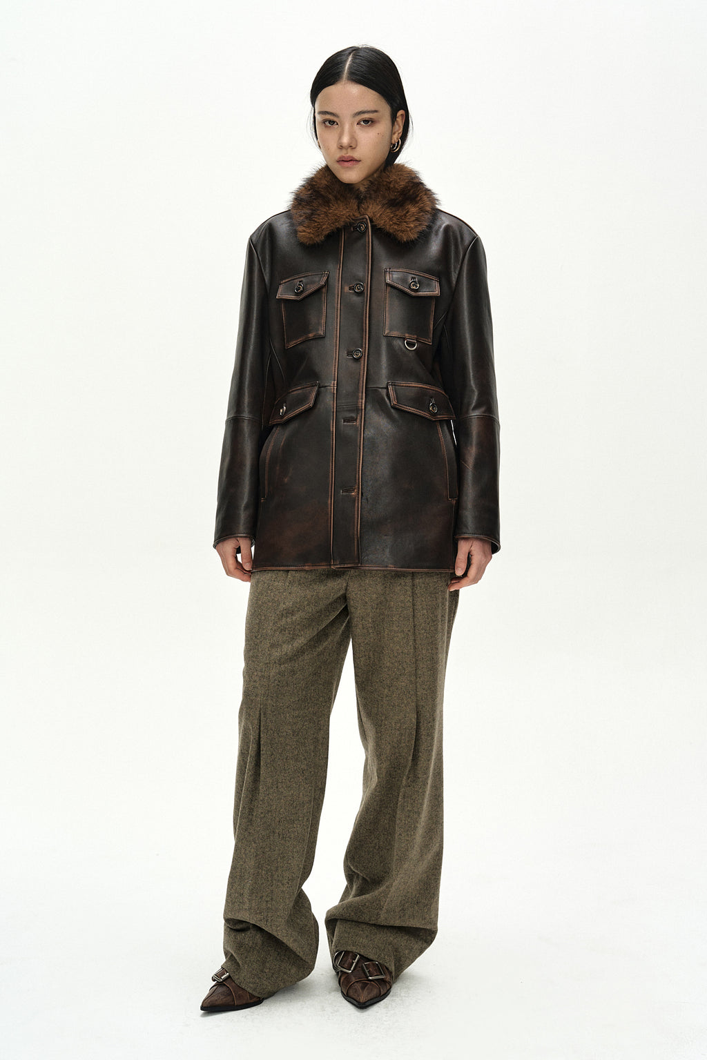 Andersson Bell - Fur Collar Field Leather Jacket (Brown) product image 4 | TRAB K-Fashion Australia