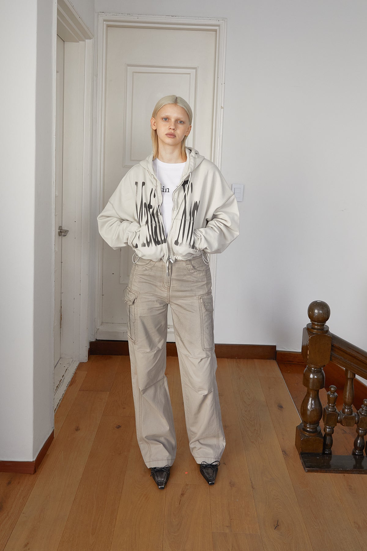 Matin Kim - Big Logo Crop Hoody Zip Up (Beige) product image 11 | TRAB K-Fashion Australia