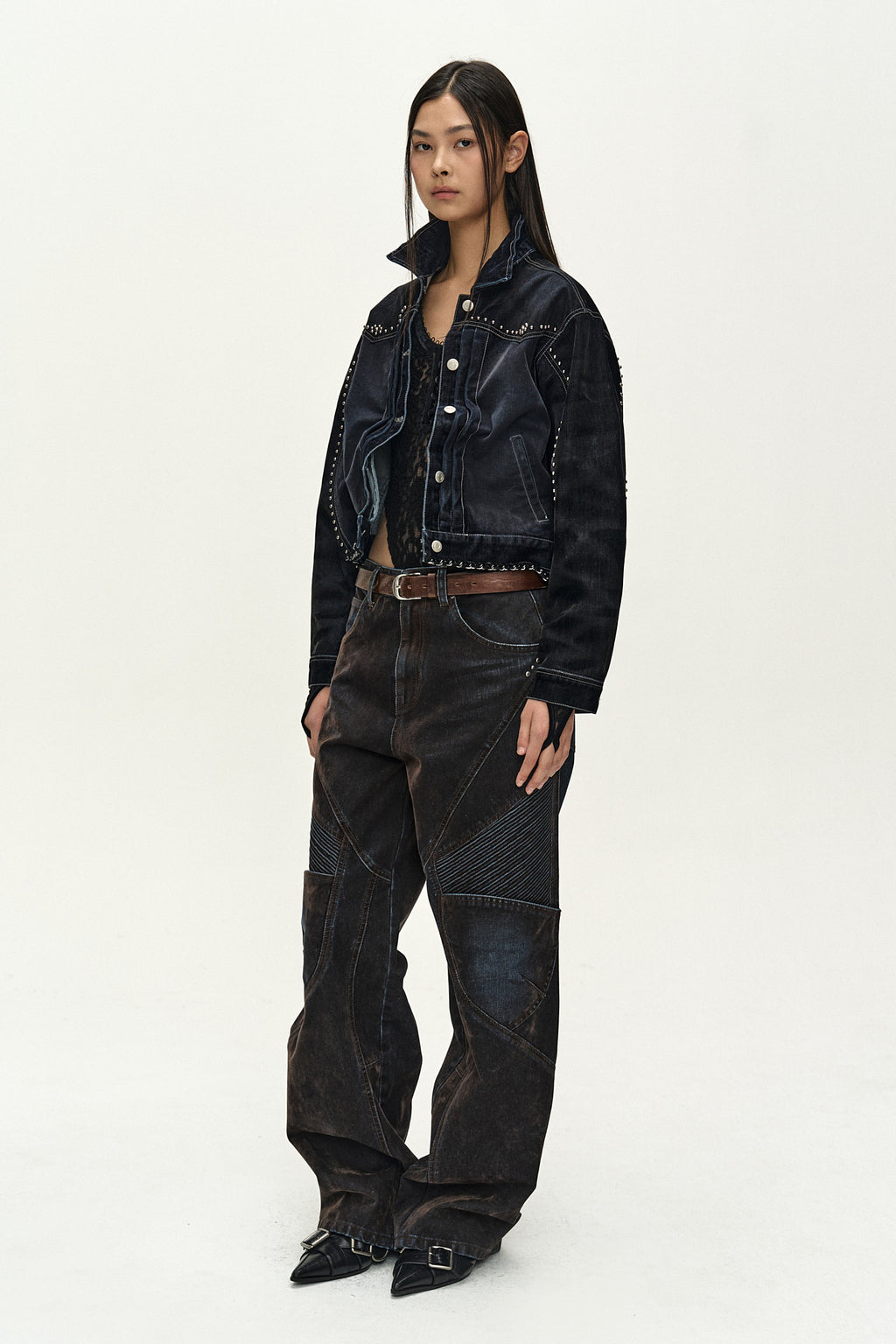 Andersson Bell - [Pre-Order – Ships August 28] Studded Velvet Denim Jacket (black/navy) (Black/Navy) product image 3 | TRAB K-Fashion Australia