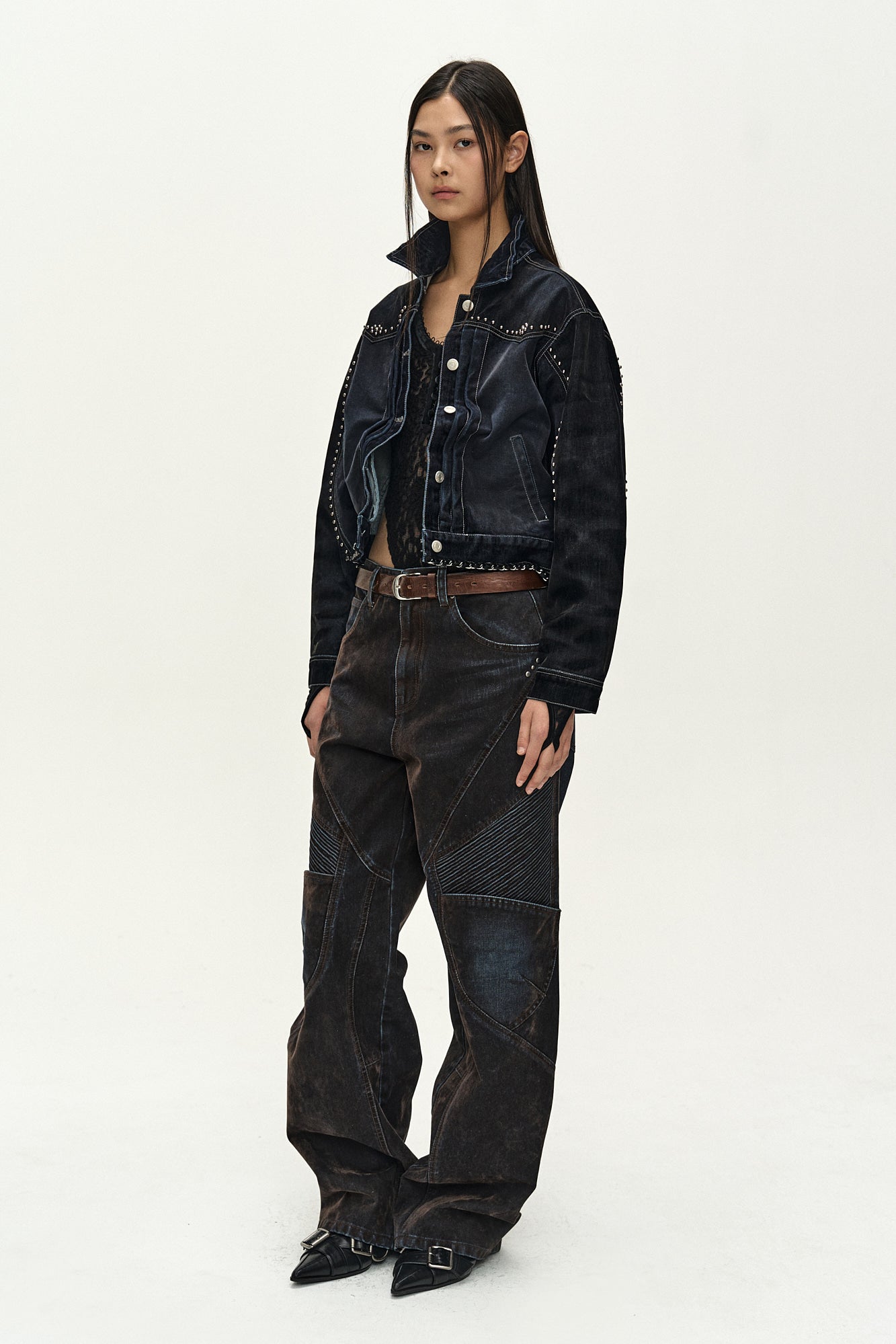 Andersson Bell - [Pre-Order – Ships August 28] Studded Velvet Denim Jacket (black/navy) (Black/Navy) product image 3 | TRAB K-Fashion Australia