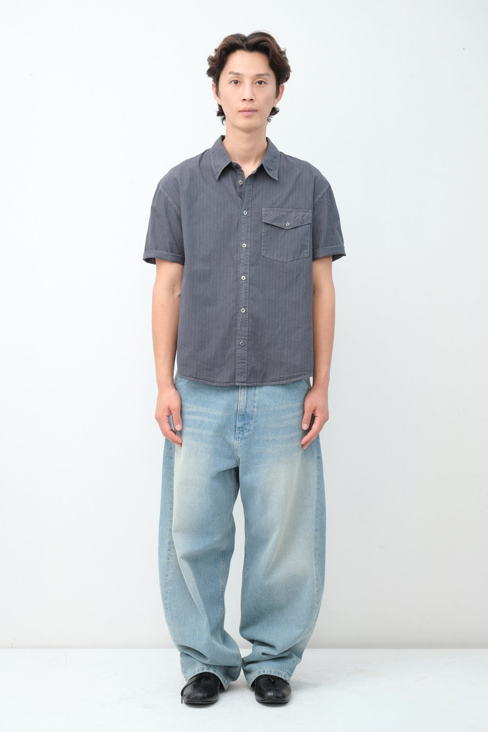 Hatchingroom - Crop Shirt Over Dyed Stripe (Blue Charcoal) product image 4 | TRAB K-Fashion Australia