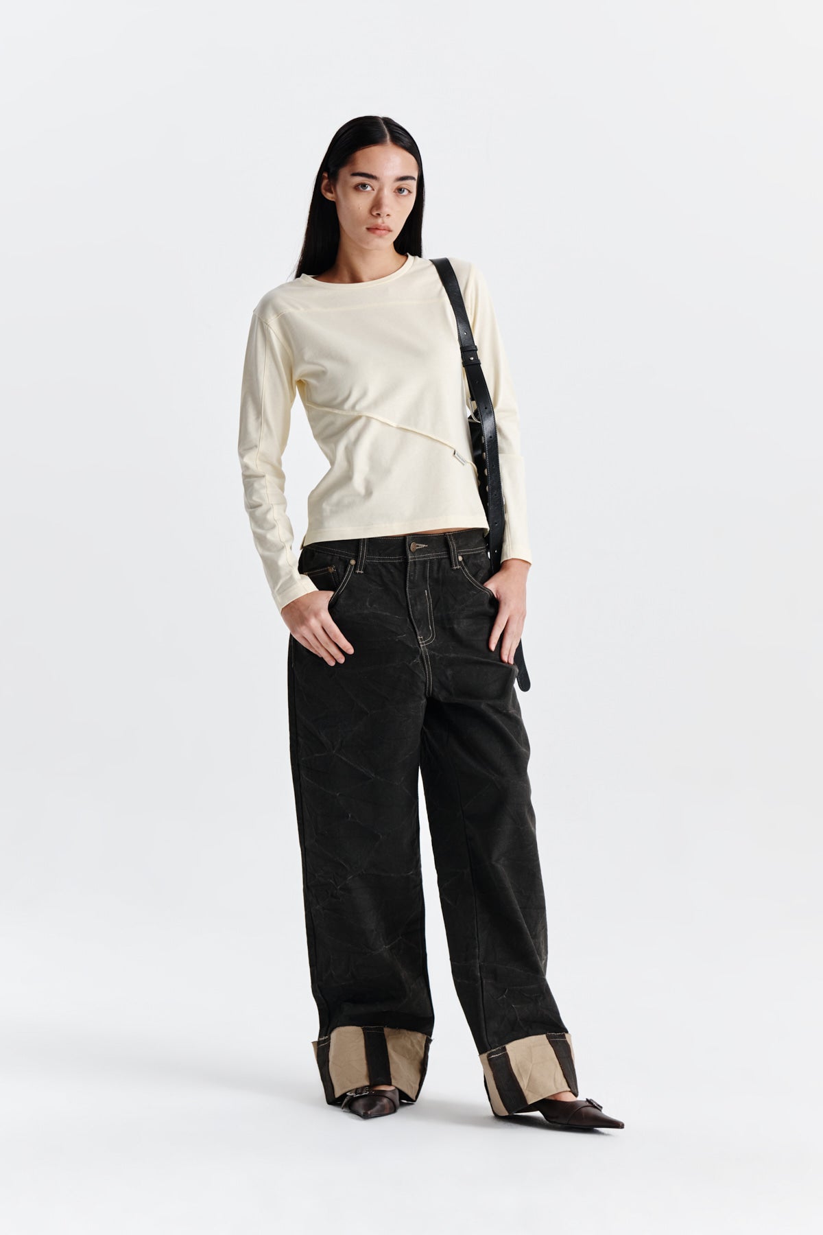 Matin Kim - Diagonal Slimfit Long Sleeve Top (Light Yellow) product image 9 | TRAB K-Fashion Australia
