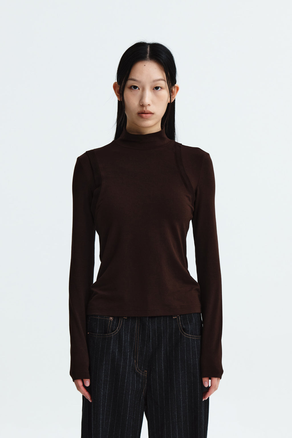 Matin Kim - Rib Layered Half Neck Long Sleeve Top (Brown) product image 5 | TRAB K-Fashion Australia