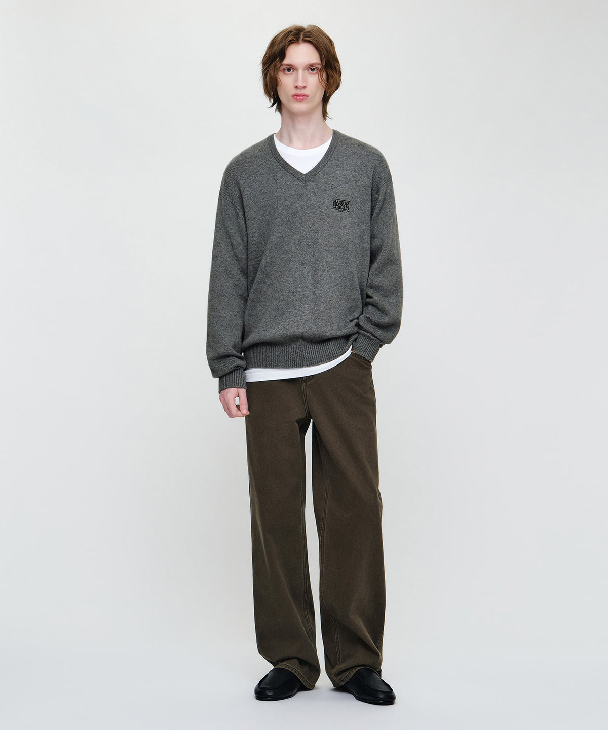 Marithe & Francois Girbaud - Small Classic Logo Oversized V-neck Knit Pullover (Heather Gray) product image 3 | TRAB K-Fashion Australia