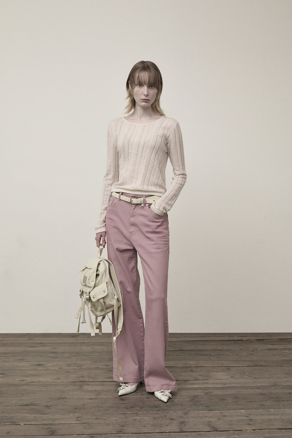 Matin Kim - Diagonal Texture Knit Top (Light Beige) product image 8 | TRAB K-Fashion Australia