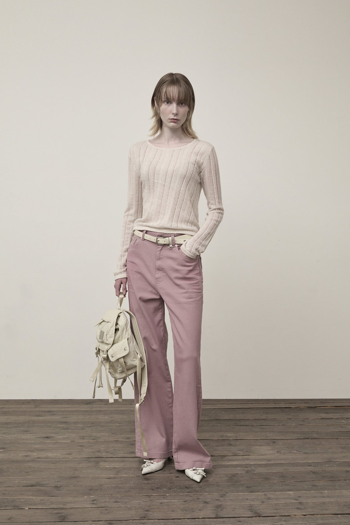 Matin Kim - Diagonal Texture Knit Top (Light Beige) product image 8 | TRAB K-Fashion Australia