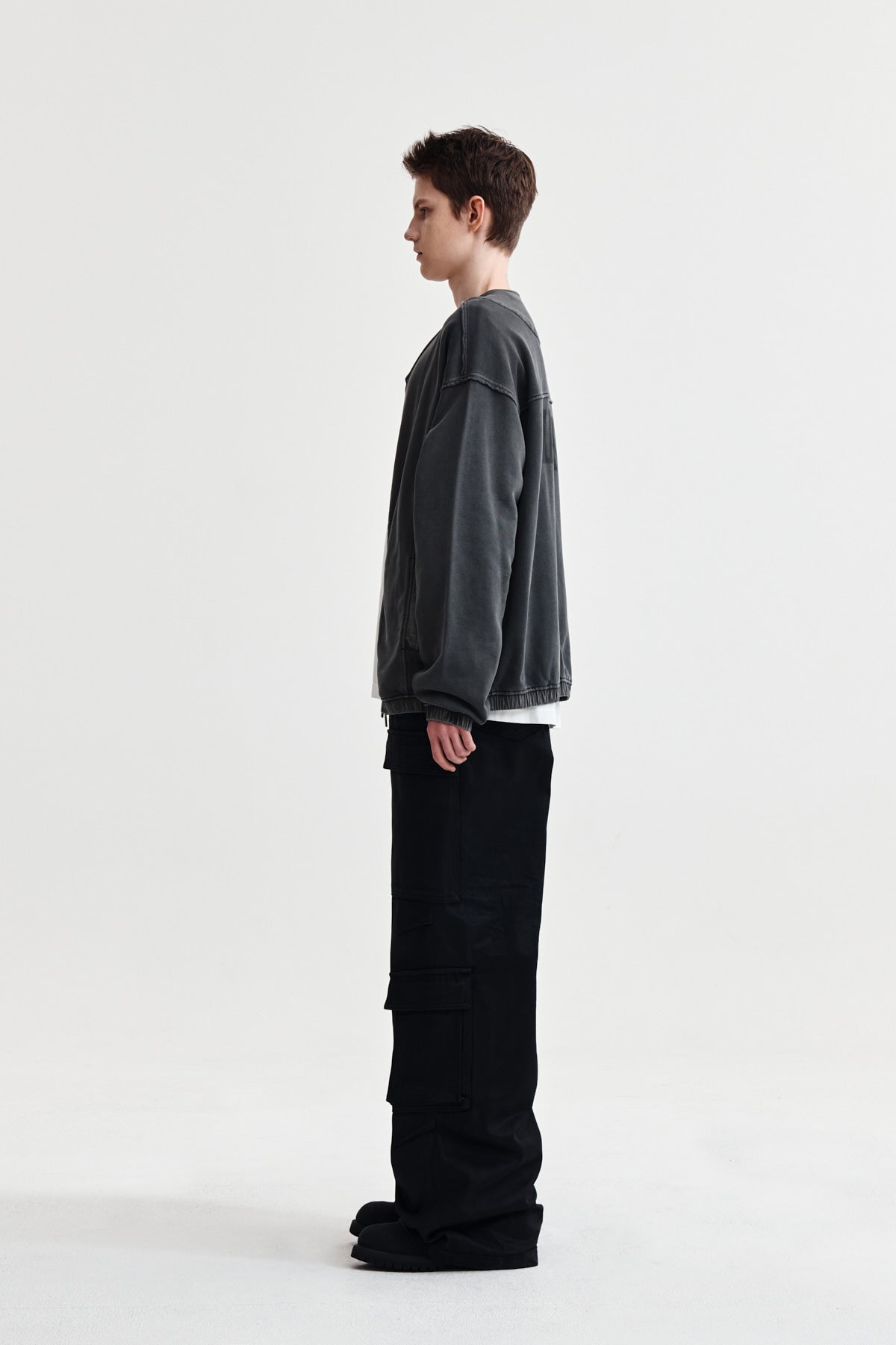 Matin Kim - Pigment Dyed Collarless Zip Up Jumper (Charcoal) product image 6 | TRAB K-Fashion Australia