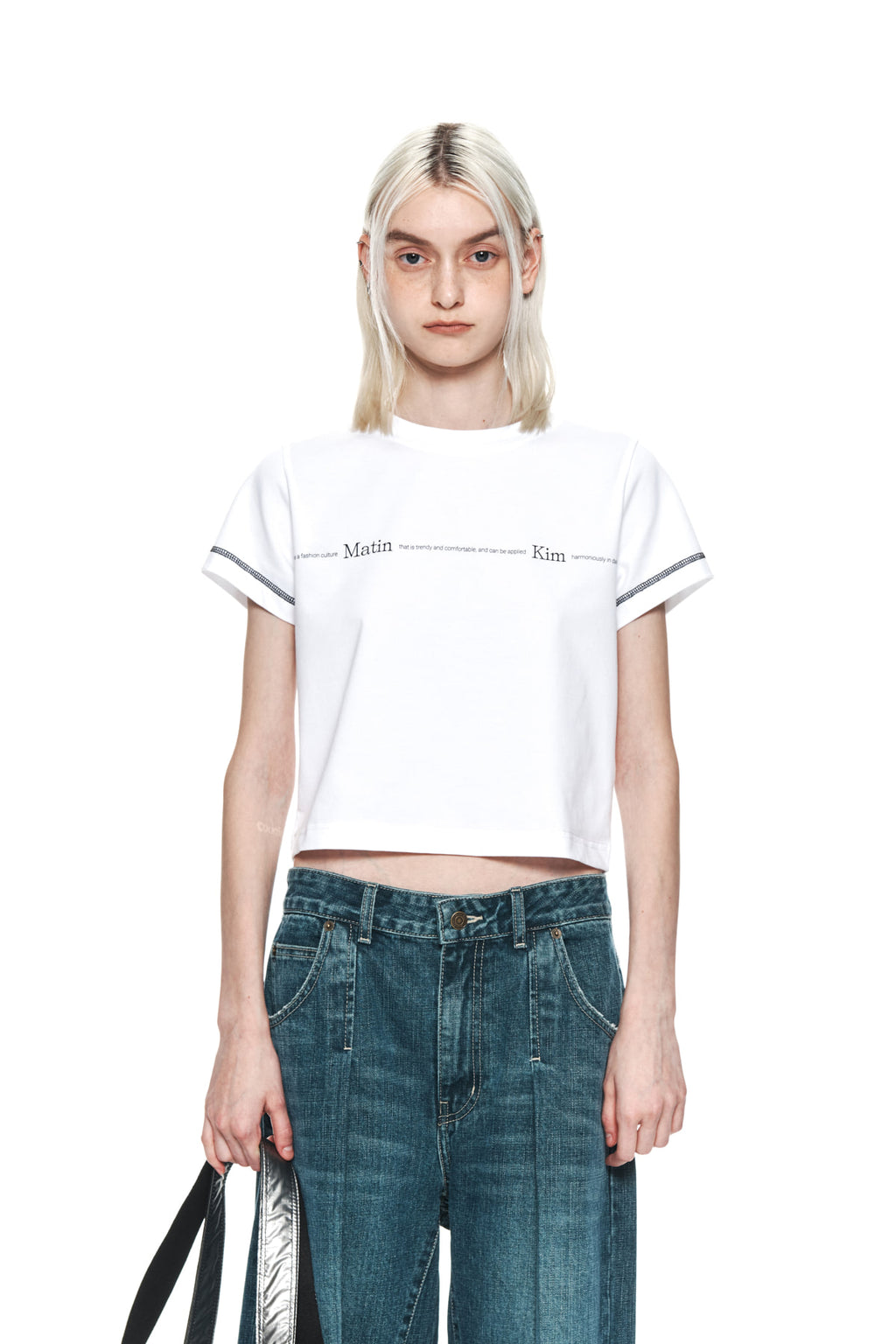 Matin Kim - Matin Small Line Logo Stitch Crop Top (White) product image 5 | TRAB K-Fashion Australia
