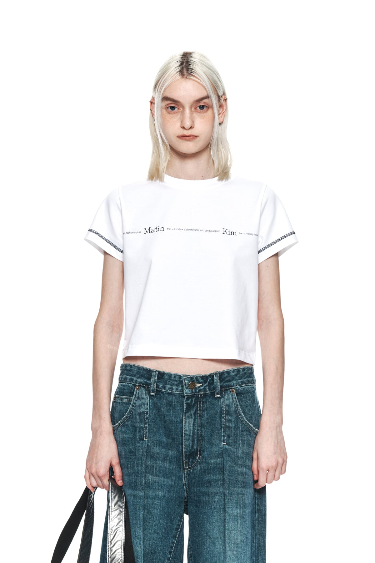 Matin Kim - Matin Small Line Logo Stitch Crop Top (White) product image 5 | TRAB K-Fashion Australia