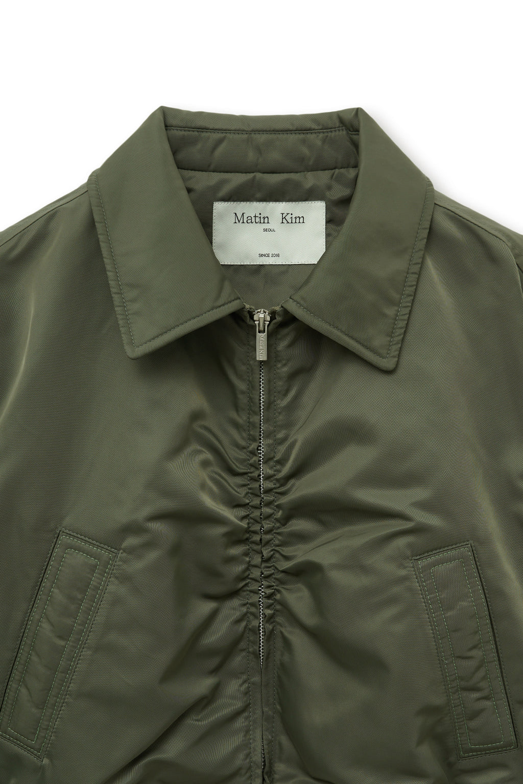 Matin Kim - Applique Logo Shirring Bomber Jumper (Khaki) product image 4 | TRAB K-Fashion Australia