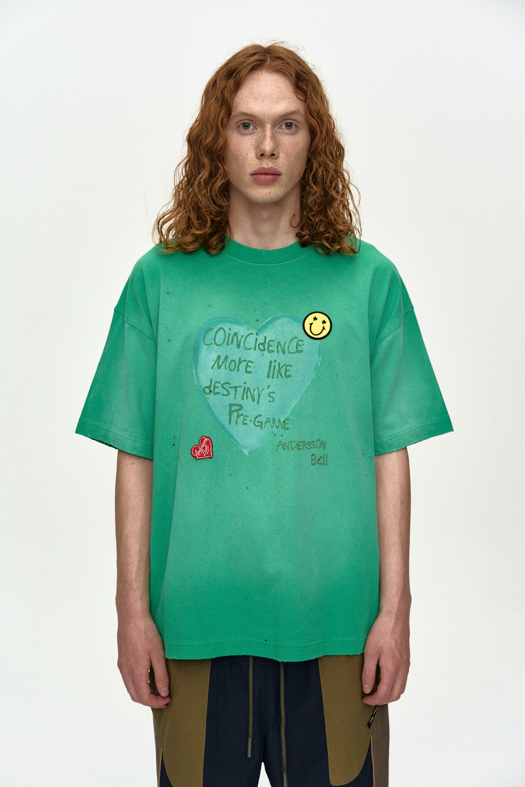 Andersson Bell - (essential) Unisex Spray Washed Heart Message T-Shirt (Green) product image 1 | TRAB K-Fashion Australia