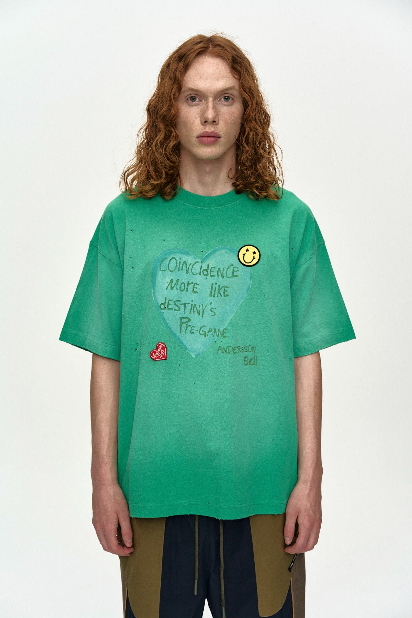 Andersson Bell - (essential) Unisex Spray Washed Heart Message T-Shirt (Green) product image 1 | TRAB K-Fashion Australia