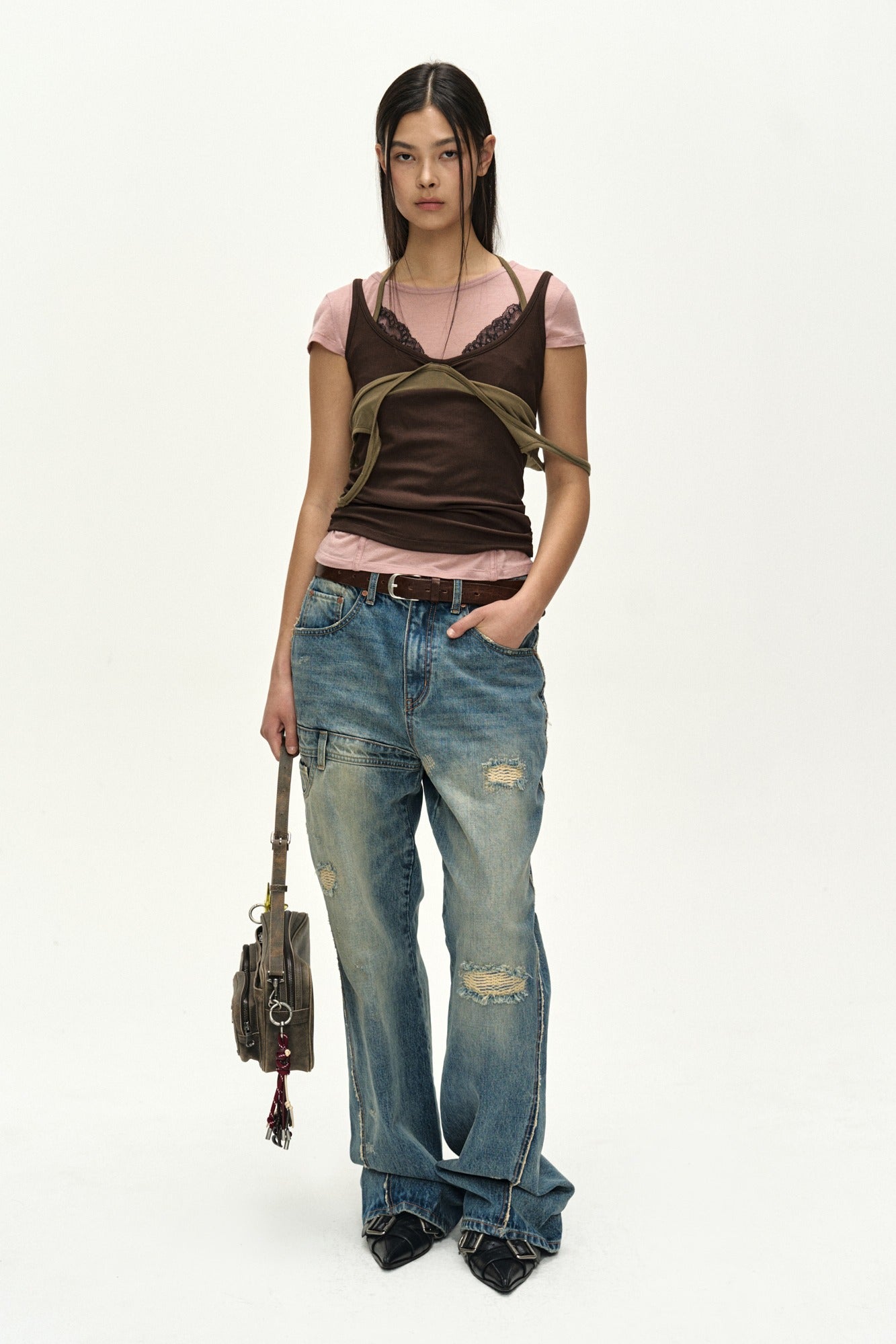 Andersson Bell - [Pre-Order – Ships June 24] Upside-Down Layered T-Shirt (Pink/Brown) product image 1 | TRAB K-Fashion Australia