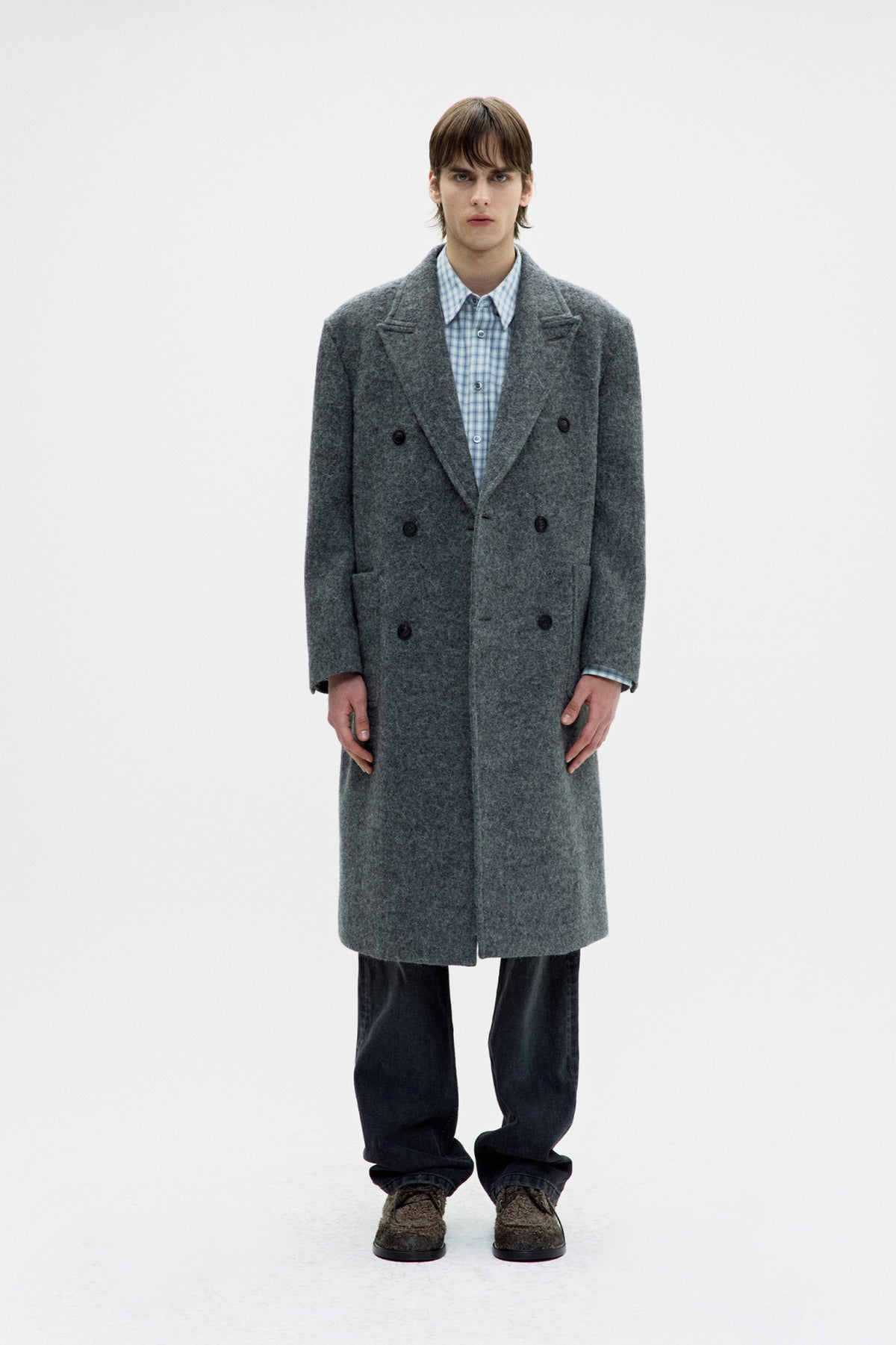 Coor - Hairy Peaked Lapel Double Coat (Melange Gray) product image 2 | TRAB K-Fashion Australia