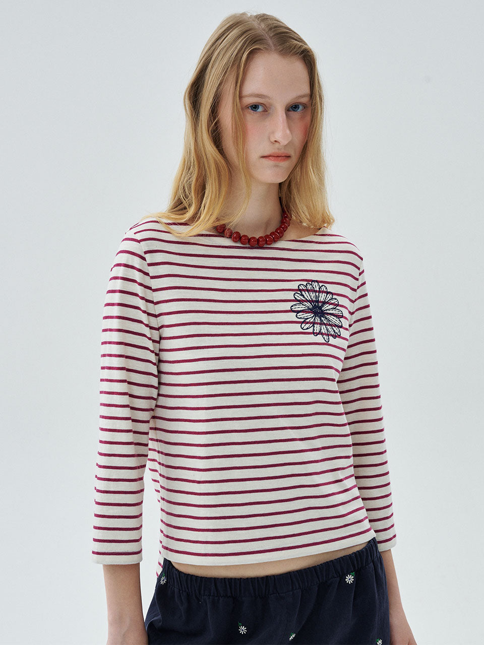 Mardi Mercredi - Slub Cotton Slim Tshirt 3/4 Sleeve Stripe Flower (Burgundy Navy) product image 1 | TRAB K-Fashion Australia