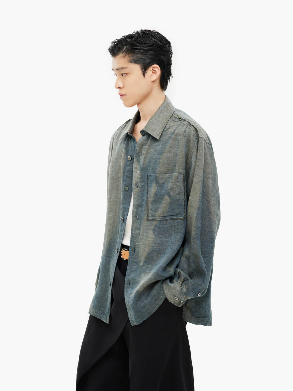 Jiyong Kim - Sun-Bleached Raw Edged Shirt (Green) product image 2 | TRAB K-Fashion Australia