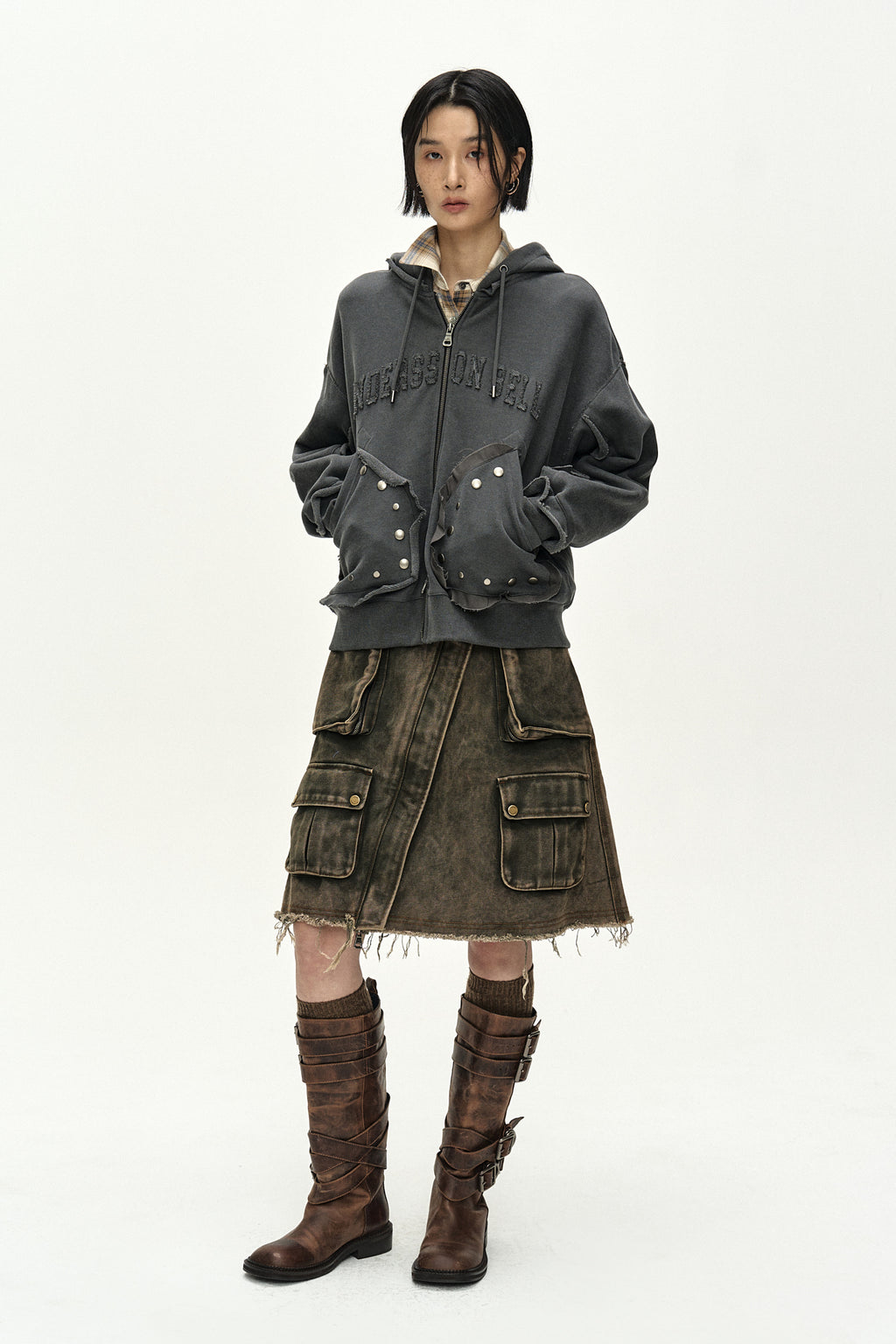 Andersson Bell - Raw-Cut Studded Zip-Up Hoodie (charcoal) (Charcoal) product image 2 | TRAB K-Fashion Australia