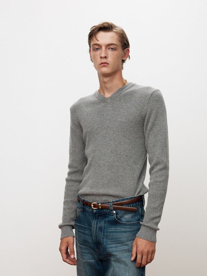 Tonywack - Super Fine Wool Ribbed V-Neck Sweater (Melange Grey) product image 6 | TRAB K-Fashion Australia