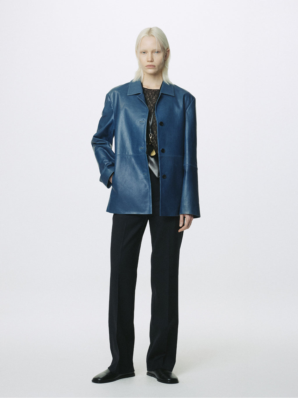 Tonywack - Vegetable Tanned Lamb Leather Open Collar Jacket (Mid Blue) product image 3 | TRAB K-Fashion Australia