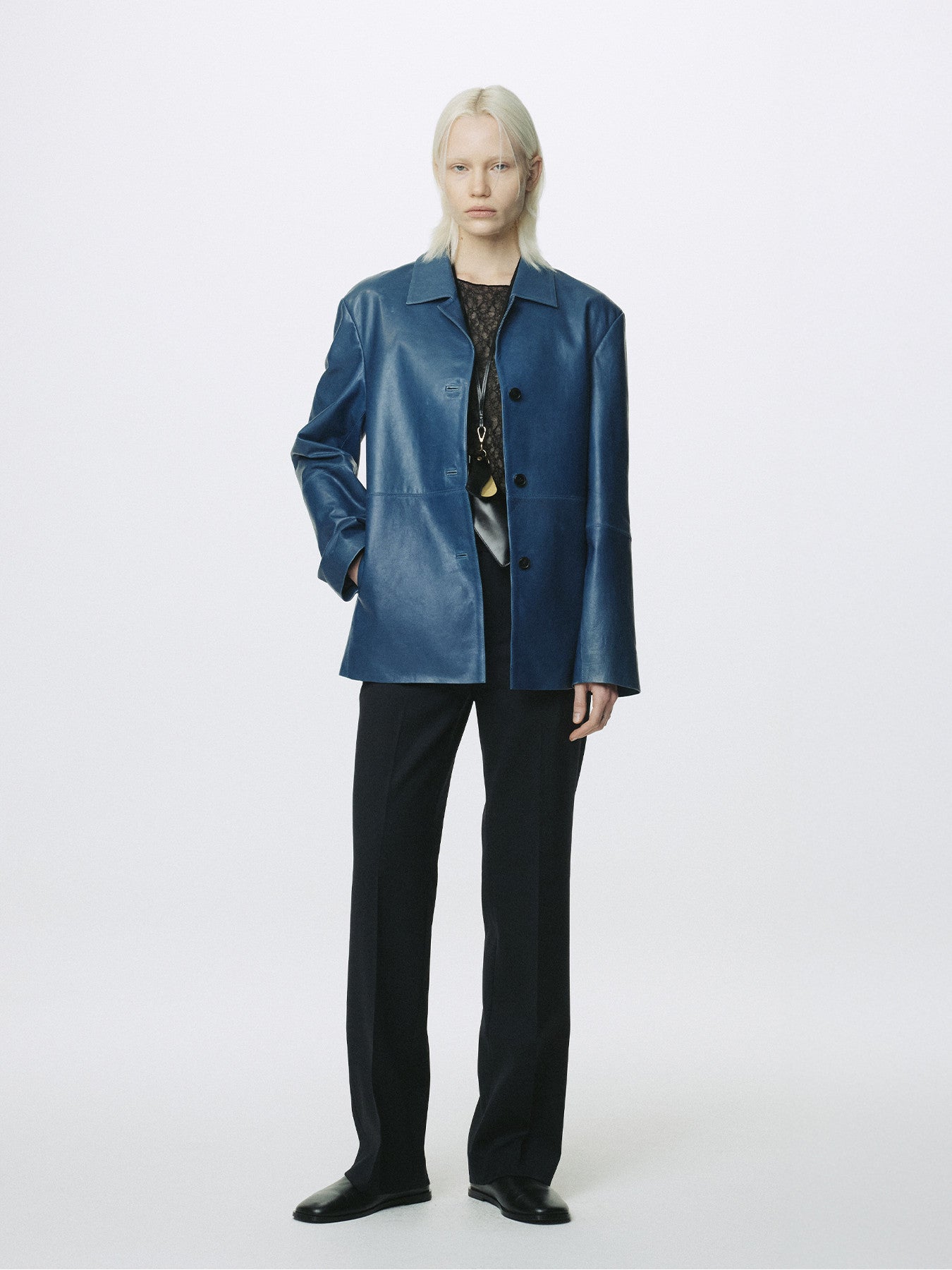 Tonywack - Vegetable Tanned Lamb Leather Open Collar Jacket (Mid Blue) product image 3 | TRAB K-Fashion Australia