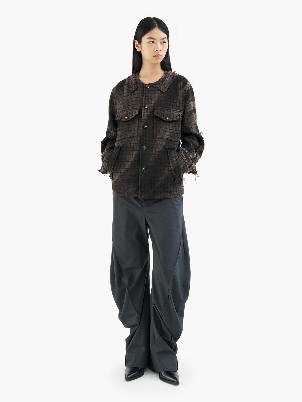Jiyong Kim - Sun-Bleached Collarless Tweed Jacket (Black) product image 3 | TRAB K-Fashion Australia