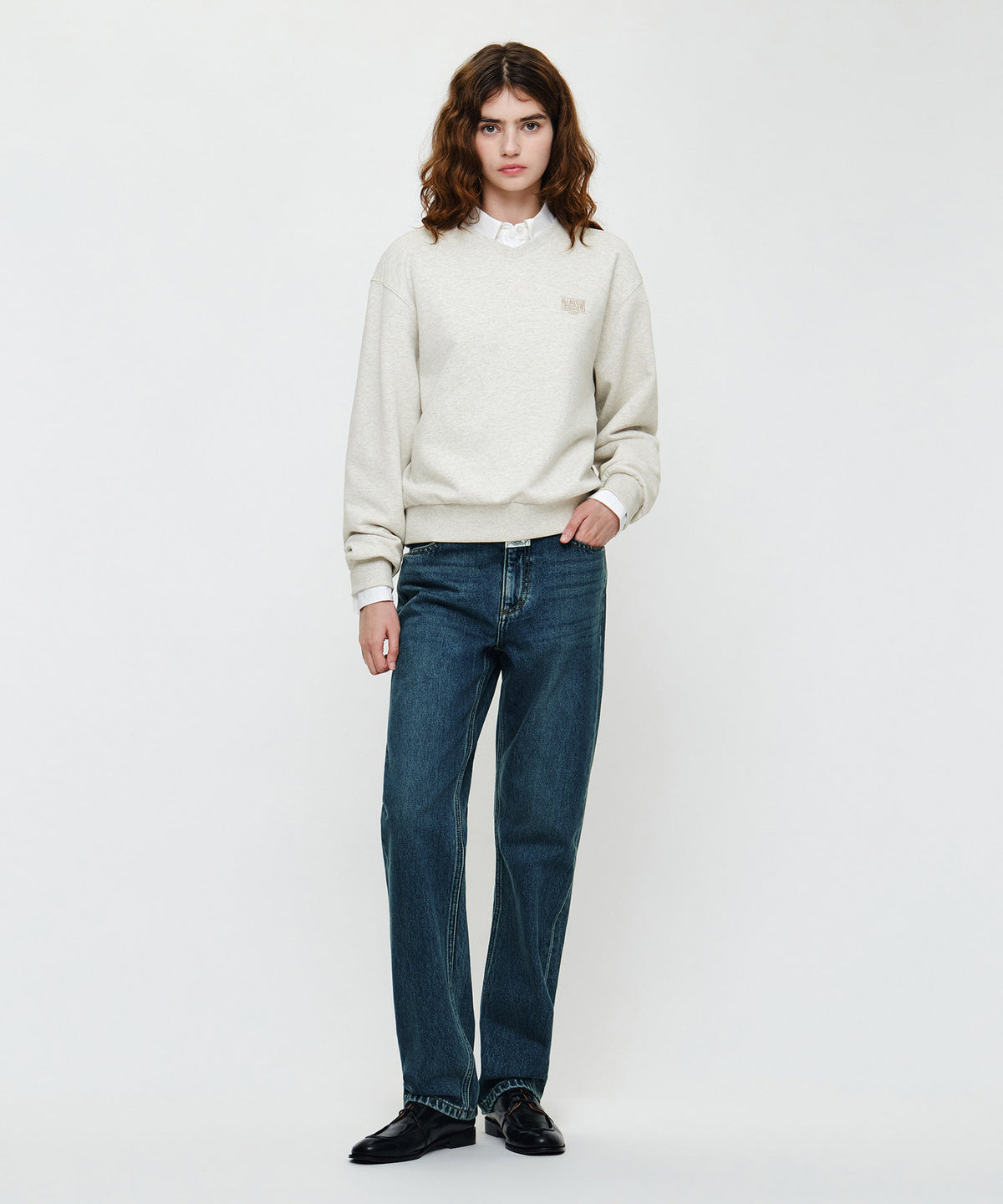 Marithe & Francois Girbaud - Small Classic Logo V Neck Balloon Sweatshirt (Oatmeal) product image 4 | TRAB K-Fashion Australia