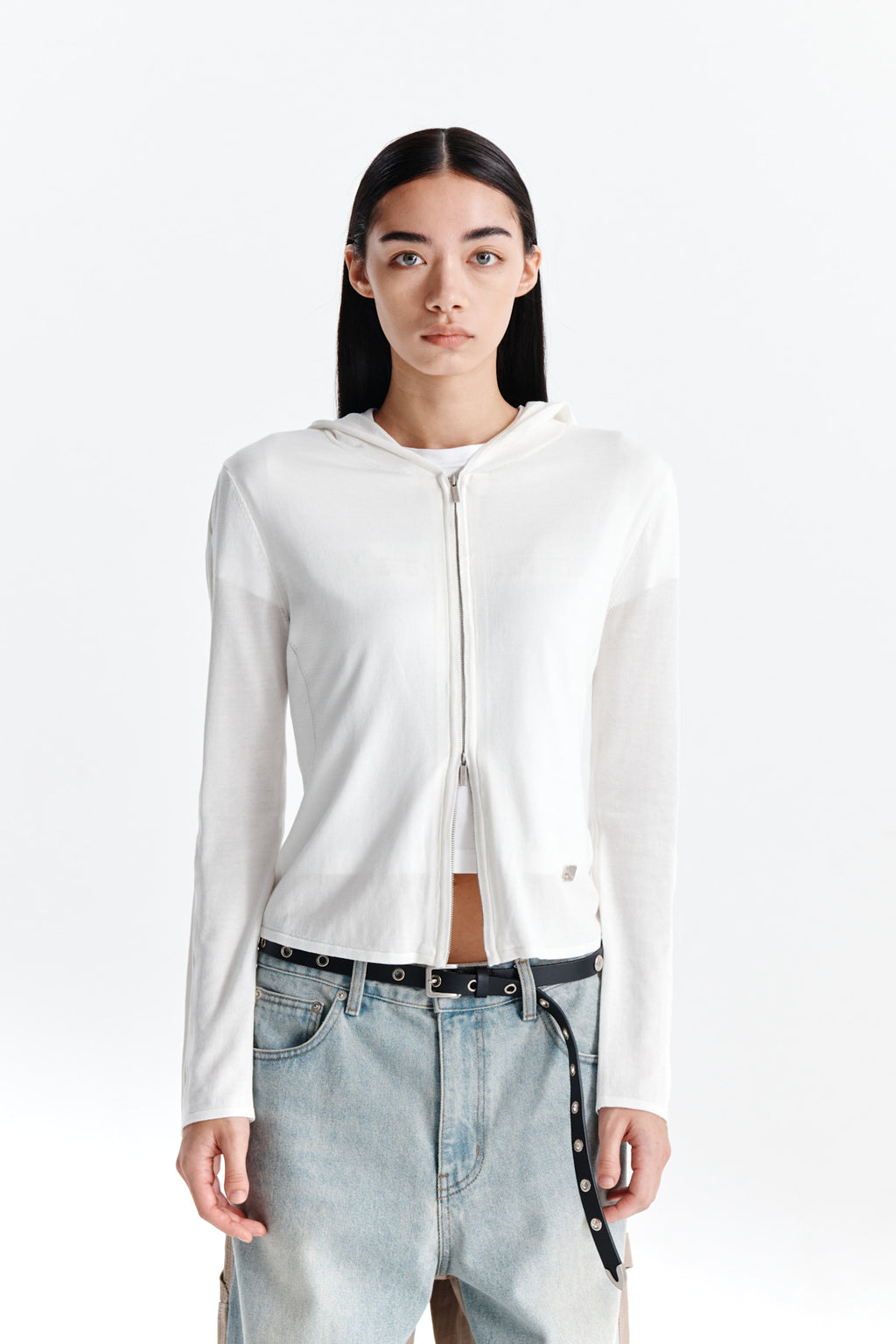 Matin Kim - Sleeve Hole Point Hoody Knit Zip Up (White) product image 5 | TRAB K-Fashion Australia