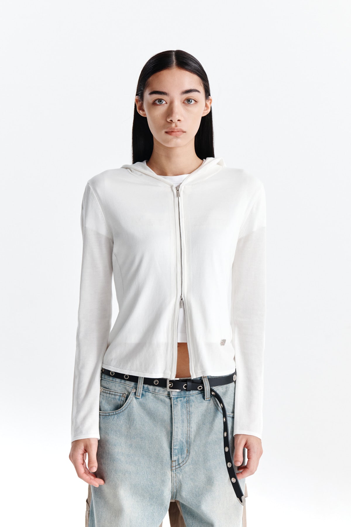 Matin Kim - Sleeve Hole Point Hoody Knit Zip Up (White) product image 5 | TRAB K-Fashion Australia
