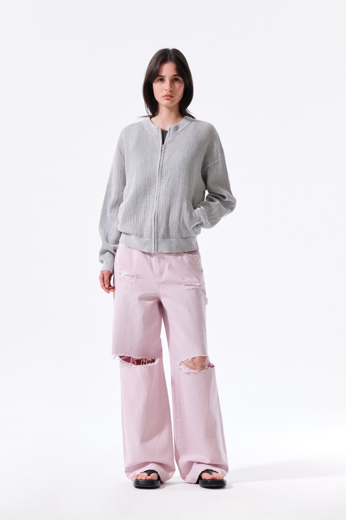 Matin Kim - Back Logo Jacquard Mesh Knit Zip Up (Light Grey) product image 9 | TRAB K-Fashion Australia