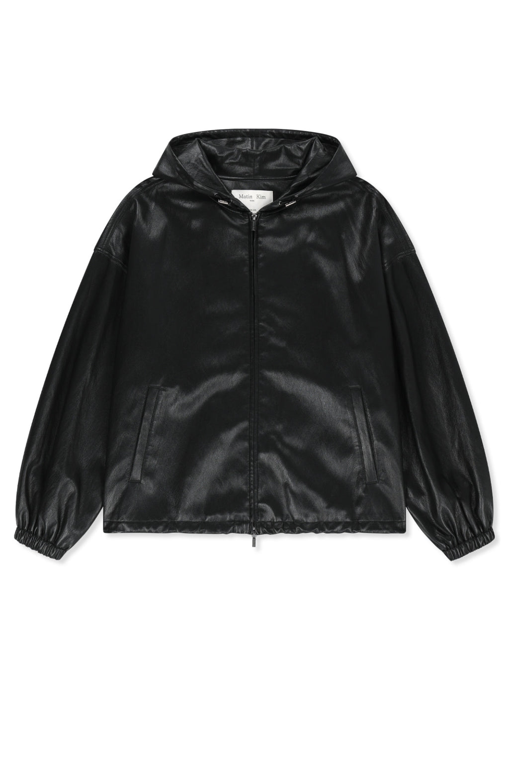 Matin Kim - Faux Leather Applique Logo Hoody Jumper (Black) product image 1 | TRAB K-Fashion Australia