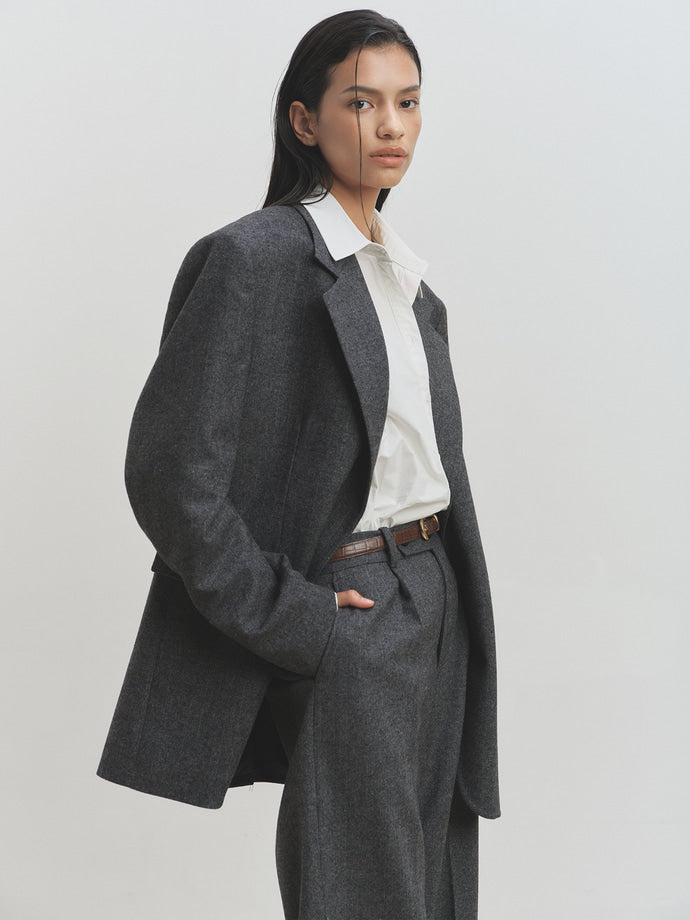 Tonywack - Herringbone Wool Wide-Leg Pleated Trousers (Mid-Grey Herringbone) product image 3 | TRAB K-Fashion Australia