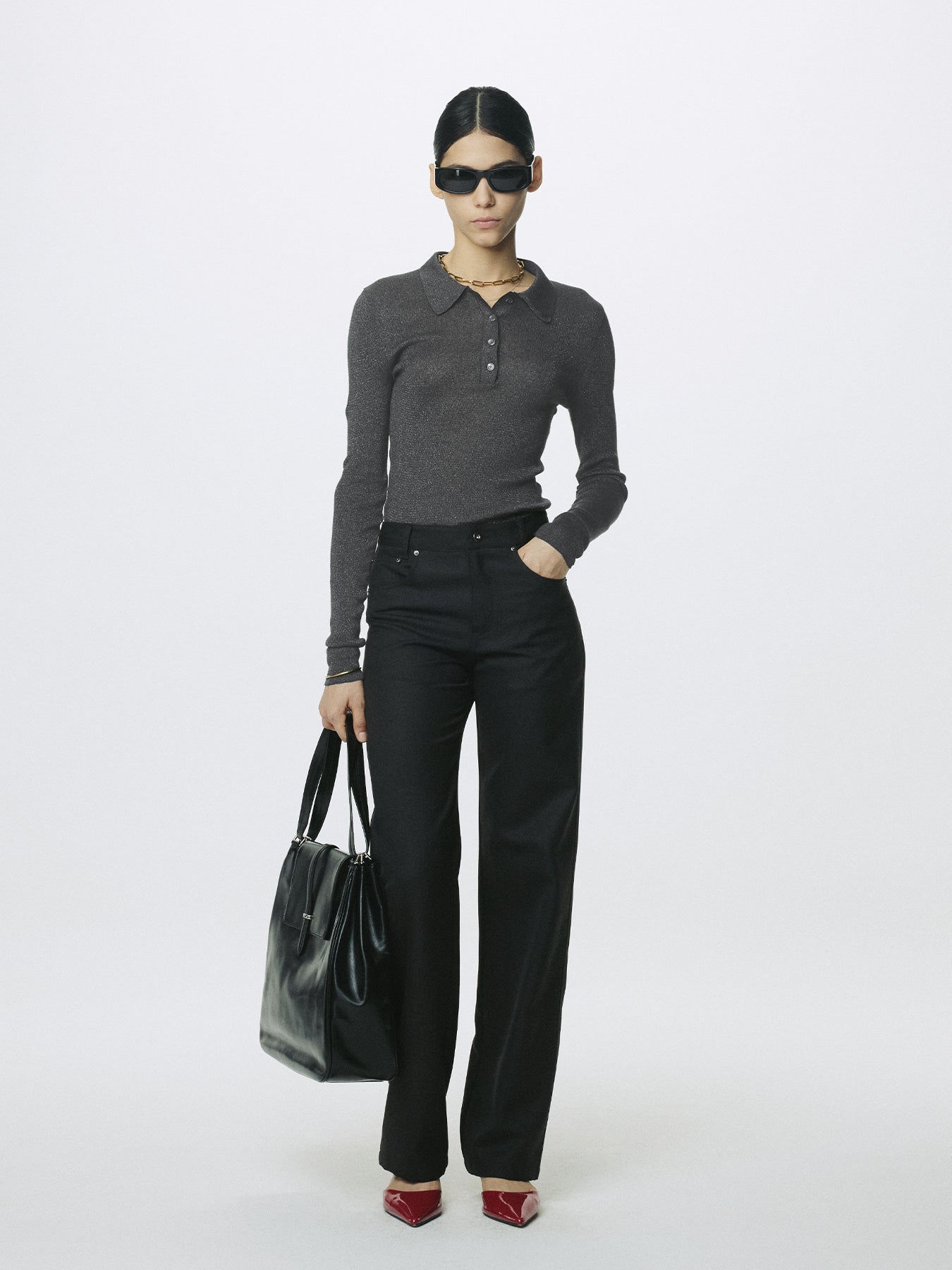 Tonywack - Glitter Ribbed Knit Polo Shirt (Charcoal) product image 5 | TRAB K-Fashion Australia