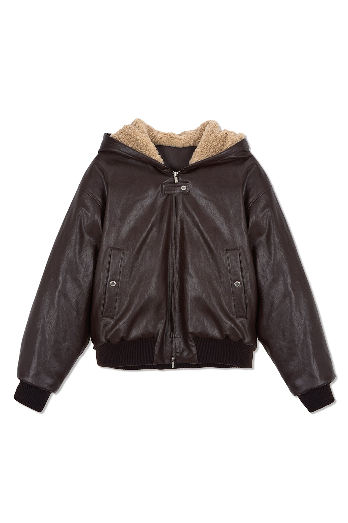 Matin Kim - Faux Leather Zip Up Hoody (Brown) product image 1 | TRAB K-Fashion Australia