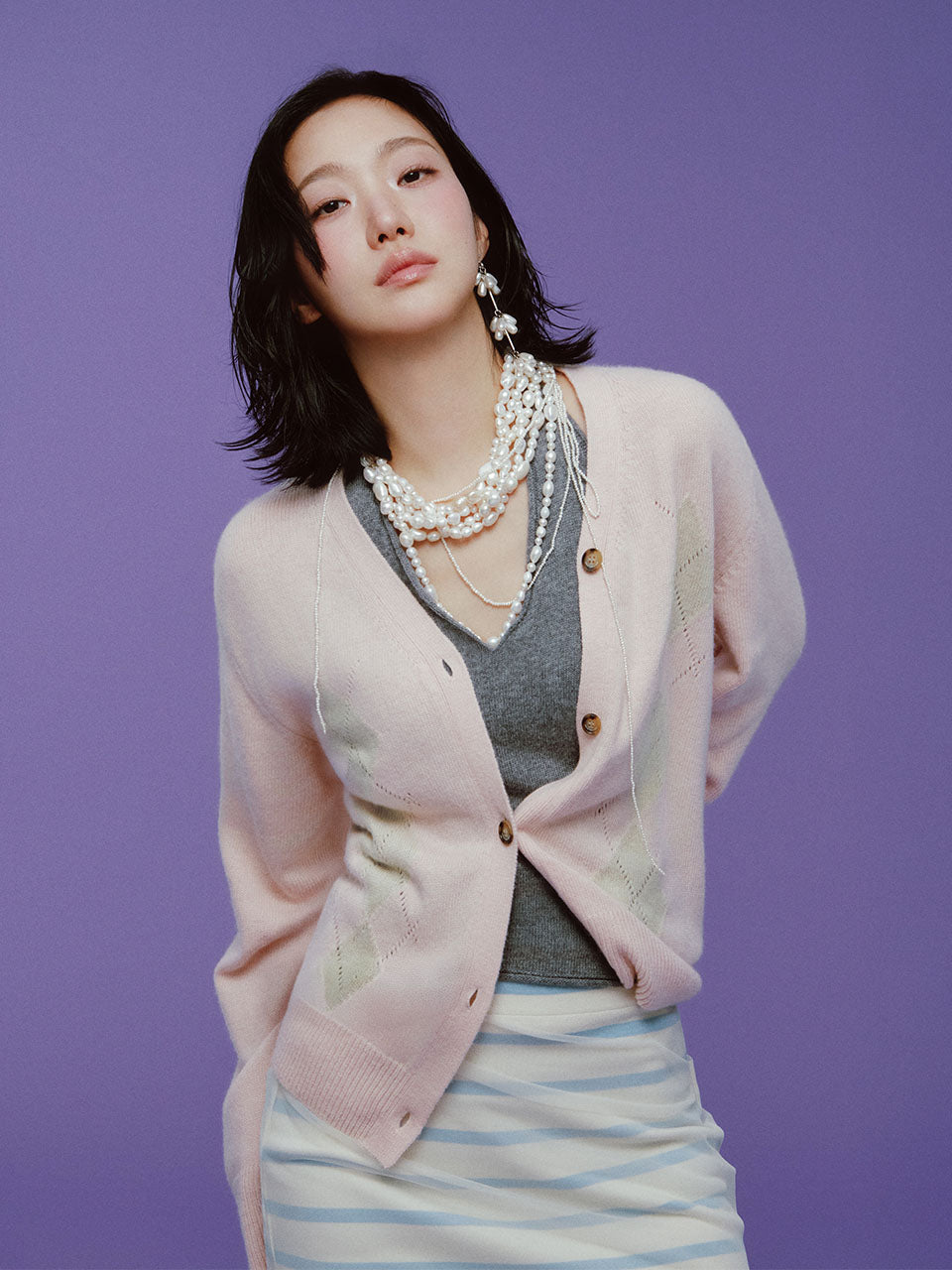 Mardi Mercredi - Cashmere Blend Cardigan V Neck Argyle Punching Detail (Pink) product image 1 | TRAB K-Fashion Australia