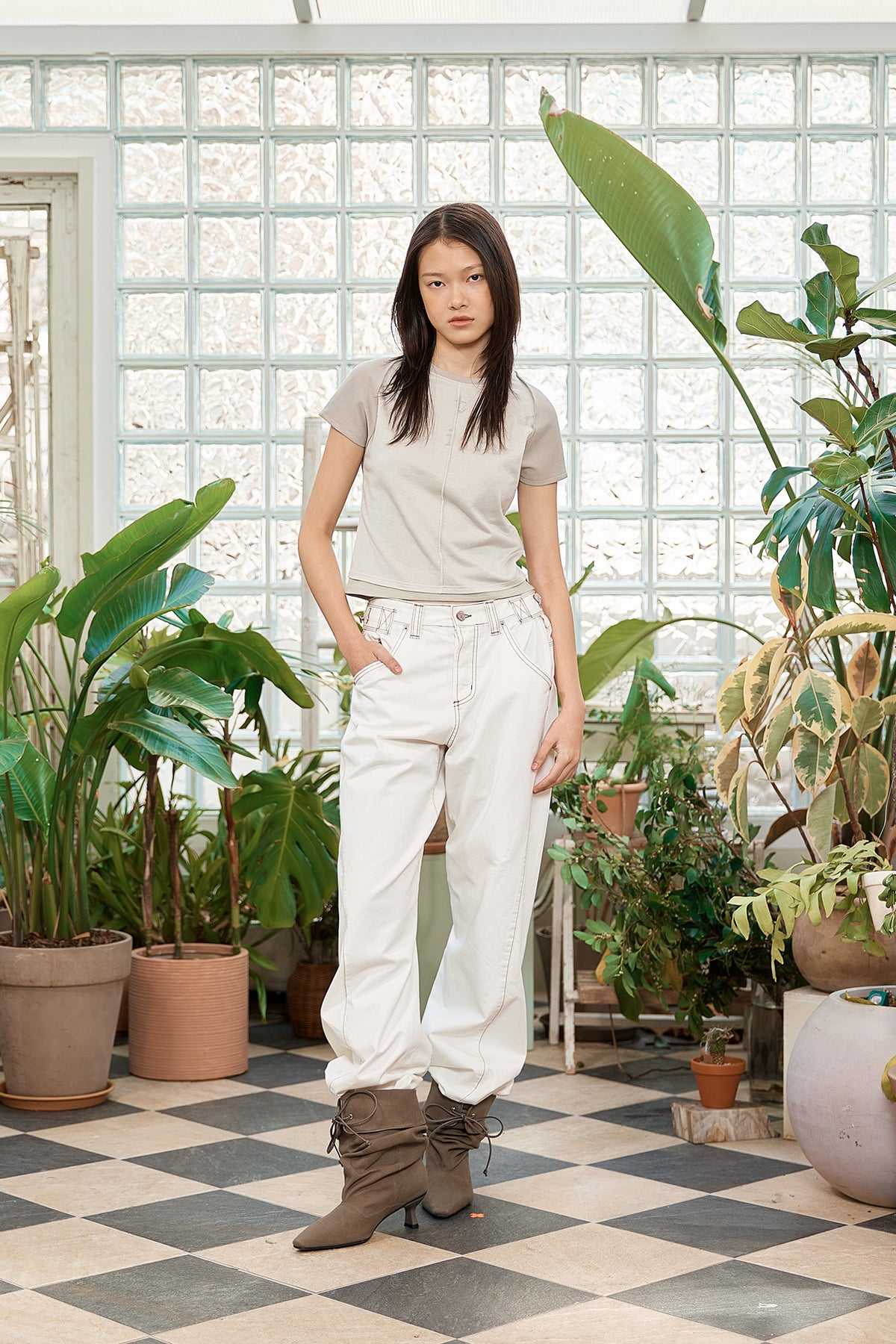 Matin Kim - Pintuck Layered Slim Crop Top (Light Khaki) product image 8 | TRAB K-Fashion Australia